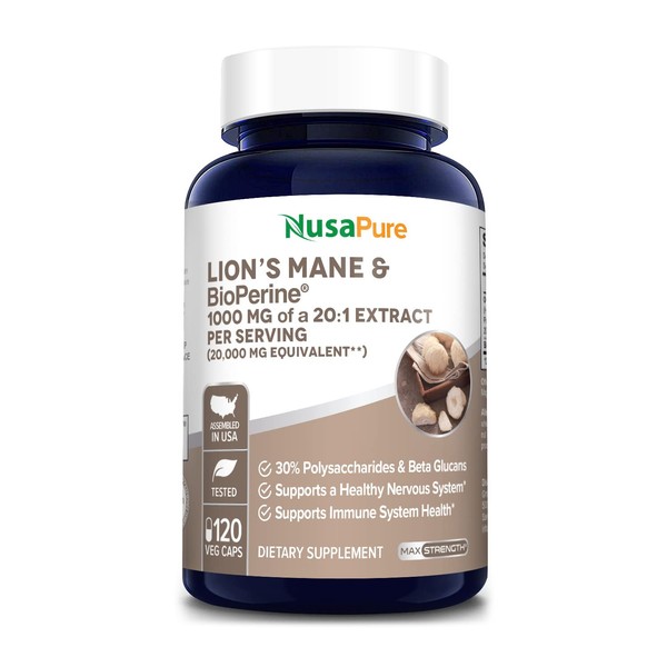 NusaPure Lions Mane 20:1 Extract (20,000 mg Equivalent) - Made with Organic Lion`s Mane and Bioperine - 30% Polysaccharides - 120 Veggie Caps. Non-GMO & Gluten Free