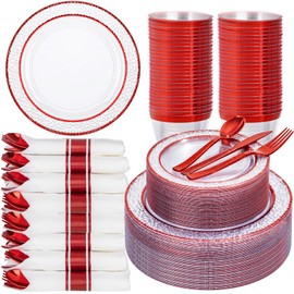 Ciaell 350 PCS Clear and Red Plastic Plates – Red Dinnerware Set for 50 Guests Include 100 Plastic Plates, 50 Pre Rolled Napkins with Cutlery Set, 50 Cups for Wedding & Party & Anniversary