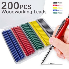 MROOFUL 200 PCS Of Blue, Red, Green, Yellow, Black Woodworking Lead, Carpenter Pencil Replacement Core, Large Capacity 2.8mm, Long Nose Deep Hole Mechanical Pencil Marker Replacement Lead