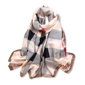 LumiSyne Silk Scarf Women's Warm Soft Silk Scarf Classic Checked Scarves Bow Coloured Tartan Long Stole Checked Neckerchiefs Sun Protection Cape All Year Round, Checked striped/beige