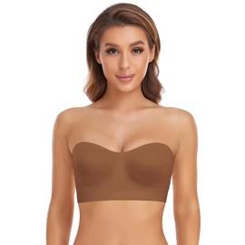 Lusait Strapless Bra for Women Non-Slip Silicone Padded Bandeau Bra Wireless Tube Top Bralette Brown L