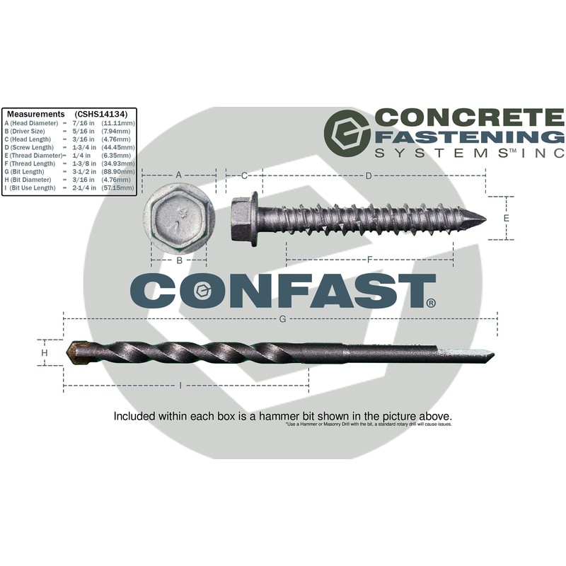 CONFAST 1/4" x 1-3/4" Concrete Screws 410 Stainless Steel Hex