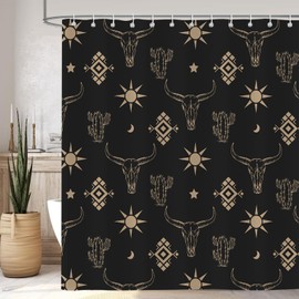 Emwnodti Western Cow Skull Shower Curtain, Black Gold West Shower Curtain Set Cactus Cow Skull Farmhouse Bath Curtain, Polyester Fabric Waterproof Bathroom Accessory Set with 12 Hooks 72x72 inch