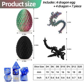 TXB3DOK 4PCS 3D Printed Dragon Eggs with Dragon Insidea and DND Dice Sets,Mini Mystery Dragon Egg, Easter Eggs Articulated Dragon,Crystal Dragon Fidget Toy,Surprise 3D Printed Animals Toy Set