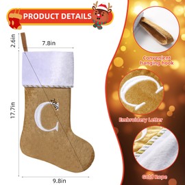 Yehnois 19.5 Inches Initial Monogram Christmas Stocking,Gold & White Velvet Embroidered Gold Letter Stocking with Gold Rope Decoration,Xmas Fireplace Holiday Party Decor(Gold Letter A)