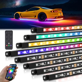 MICTUNING 8Pcs Chasing Color RGB+IC Underglow Neon Accent Strip Lights, 12V Multi DreamColor Modes Music Soundsync Exterior Underbody Lights for Car, Wireless App & Remote Control, 2 Years Warranty