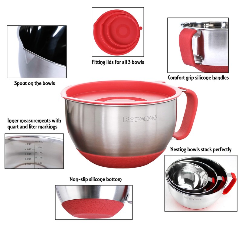 Rorence Stainless Steel Mixing Bowls: Metal Mixing Bowl Set with