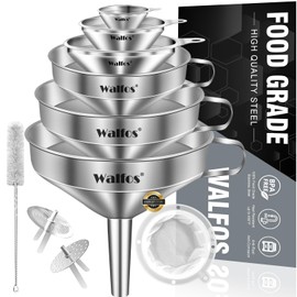 Stainless Steel Funnel, Walfos 6 Different Sizes of Kitchen funnels with 2 Removable Strainer ＆ 1Pcs Cleaning Brush, 200 Mesh Food Filter Strainer,for Transferring of Liquid, Oils, Jam, Powder
