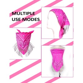 JIANGLAI Fringe Rhinestone Bandana with Heart Sunglasses, Disco Cowgirl Cowboy Paisley Pattern Bandanas Face Mask Square Scarf Headwear (Hot Pink)