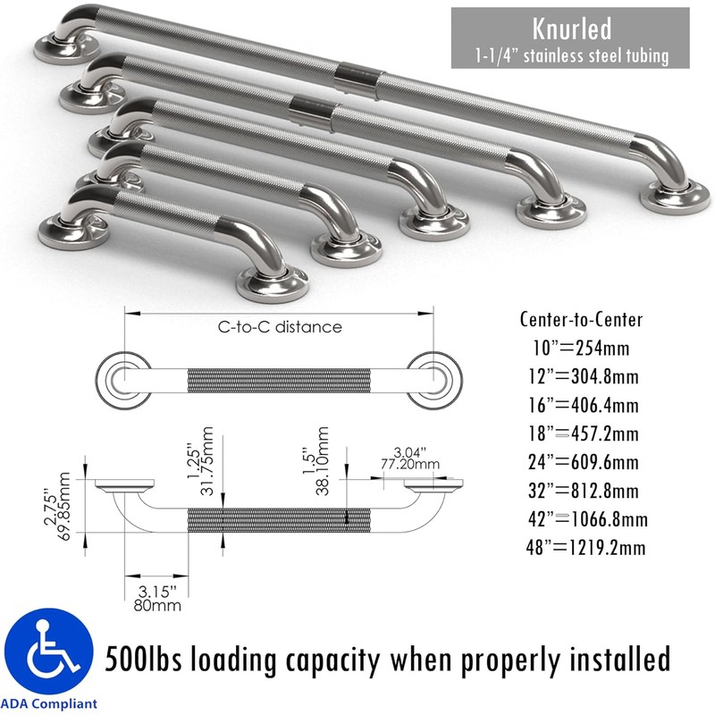 Grab Bar with Knurled Anti-Skid Grip, ADA Compliant 500lbs Supporting,