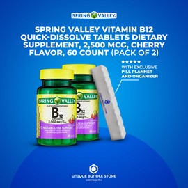 Spring Valley, Vitamin B12 2500 MCG, Cherry Flavor 60 Count Tablets, B12 Quick-Dissolve Dietary Supplement, Vitamin B12 + 7 Day Pill Organizer Included (Pack of 2)