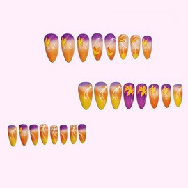 24Pcs Purple Orange Press on Nails Short Almond Nail Tips,Ombre Fake Nails Press ons Glossy Glue on Nails Acrylic Nail Art Kit Full Cover Reusable False Nails with Glitter Flowers Design for Ma'am