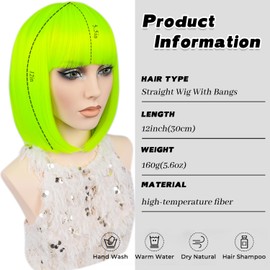 MAYSA Green Bob Hair Wigs with Bangs Short Straight Bob Bangs Wig 12in Colorful Synthetic Cosplay Daily Party Wig for Women # Fluorescent Green