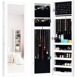 Salches Wall Door Mounted Jewelry Armoire, Mirrored Jewelry Cabinet w/5 Storage Shelves, 16 Necklace Hooks & 60 Ring Slots, Full-Length Dressing Mirror Jewelry Organizer, White