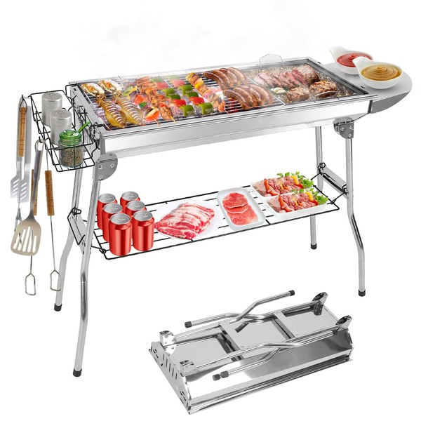 TeqHome Portable Folding Charcoal BBQ Grill, Large Stainless Steel Foldable Outdoor Cooking Kabob Barbecue Grill w/Storage Shelf, Camp Cooker for Camping Backyard Garden Picnic (39x13.4x27.6 inch)
