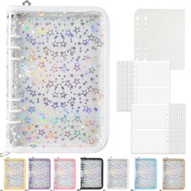 Sticker Notebook, A5, 6 Holes, Binder, Removable, Zipper, Refill, Large, Transparent, Girls, Cute, Heavy, Adults, Star Pattern, Large Capacity, Motivational (1 main unit, 20 refills, 2 underlays