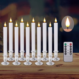 LED Flameless Window Candles with Remote Timer Sliver Holder 10 PCS Battery Operated Flickering Taper Candle Lights with Removable Candle Holders Best Gift for Xmas Wedding Home Dinner Décor