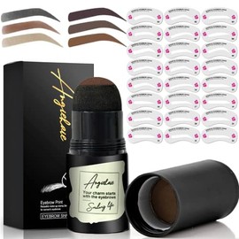 Eyebrow Stamp Stencil Kit Medium Brown, Long-Lasting Brow Makeup with 24 Reusable Stencils & Blending Brush for Natural, Defined Eyebrows