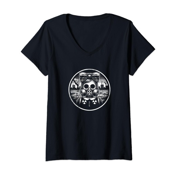 Womens Creepy Radioactive Girl With Gas Mask Vintage Disturbing V-Neck