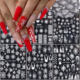 5D White Snowflake Embossed Nail Art Sticker -Christmas New Year Snowflake Nail Art Supplies - Snowflakes Charms French Design Xmas Nail Decoration Snow Lace Lattice Elk Classic Winter Designer 6 Pcs