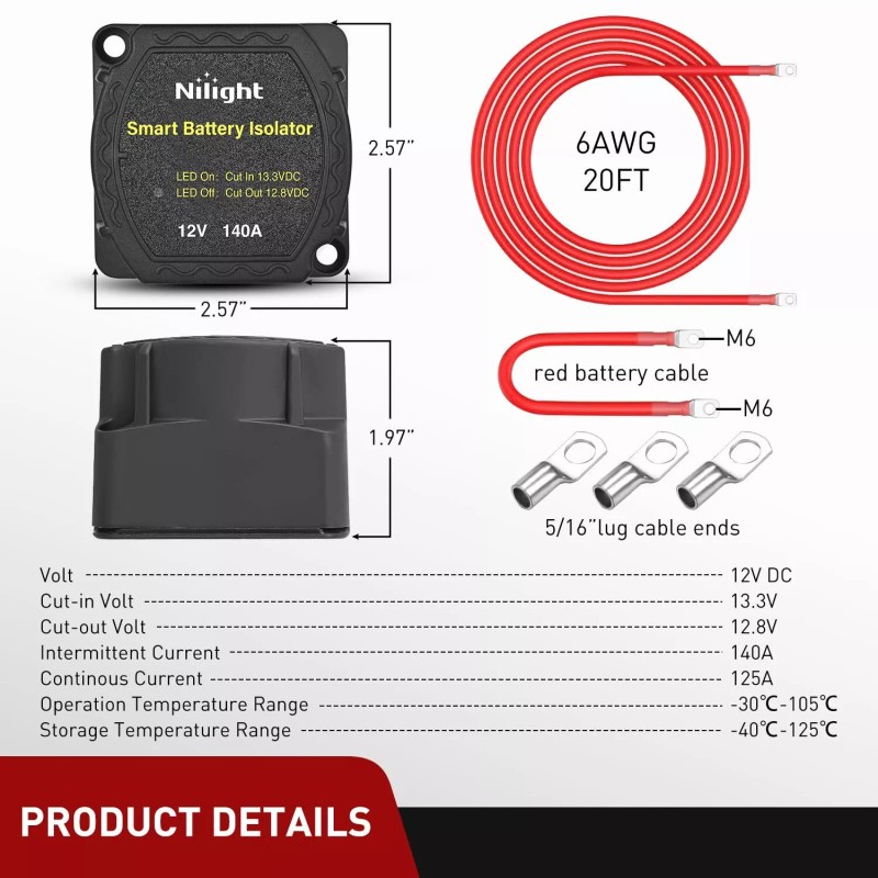 Nilight 12V 140AMP Dual Battery Isolator Kit with 6 AWG