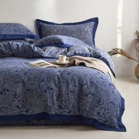 VM VOUGEMARKET Navy Blue Duvet Cover Queen,3 Pieces Retro Boho Paisley Bedding Set,Linen Cotton Yarn-Dyed Textured Duvet Cover with Zipper Closure