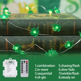 Herzila St Patricks Day Decorations, Shamrock String Lights Battery Operated 13FT 40 LEDs Green Lights with Remote Control and Timer Lucky Clover Lights for St. Patrick's Day Décor