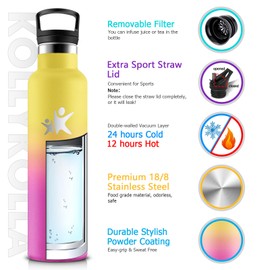 KollyKolla Stainless Steel Water Bottle, 750 ml, Leak-Proof Water Bottle with Straw, BPA-Free, Double-Walled Vacuum Insulated, Double Walled Vacuum Insulated, Water Bottle for Travel, Camping, Hiking