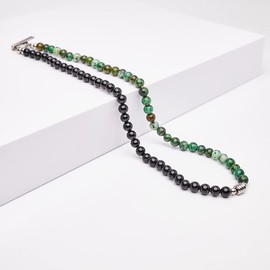 TreasureBay Handmade Mens Tigers Eye Onyx Beaded Necklace Chain Natural Gemstones Healing Crystal Jewellery (Black/African Pine)