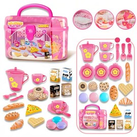 25pcs Juegos de Te para Niñas,Juguetes de Fiestas de Té Para Niñas,Comida de Cocina Juguete con Postre,Juego de Te, Vajilla y Estuche de Transporte,Ju