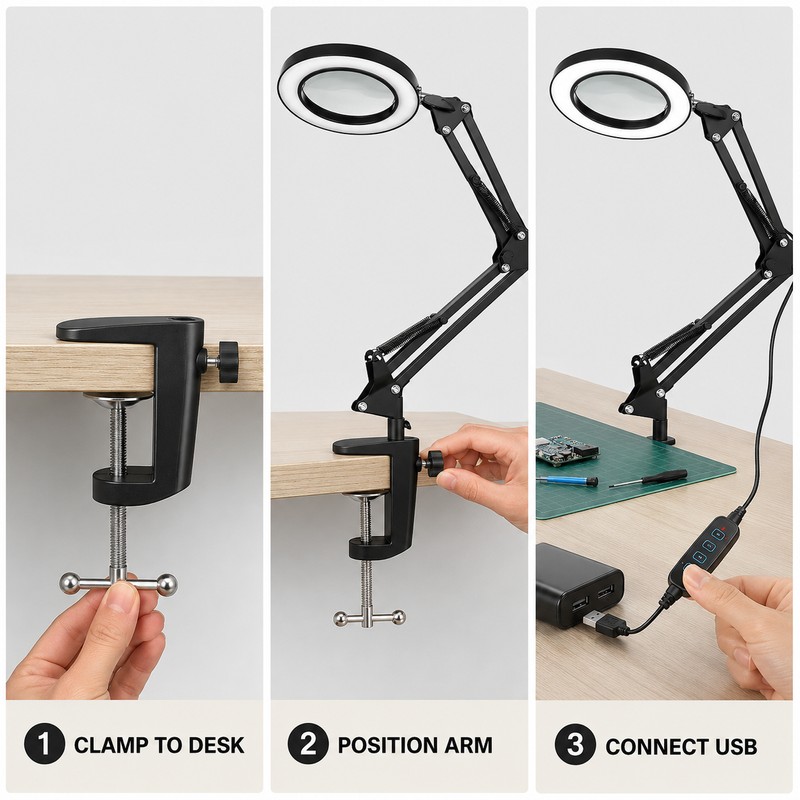 10X USB LED Magnifying Lamp with Clamp, 72 LEDs, Short