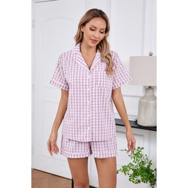 LUBOT 100% Cotton Women's Pajamas Set Button-Down Two-piece PJ Set 2PC Short Sleeve Printed Patterned Summer Sleepwear Loungewear (Pink Plaid, S)