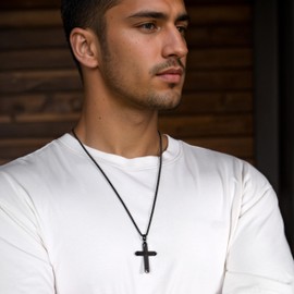 Wooden Cross Necklace for Men - Black Stainless Steel & Ebony Wood Adjustable Box Chain 24-26in, Spiritual Jewelry Gift for Him, Everyday Wear