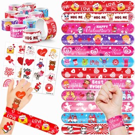 Cherisnowy 144 Valentine 72PCS Valentine Temporary Tattoos Sticker 72PCS Slap Bracelets Perfect for Themed Birthday Baby Showers or Classroom Rewards Ideal Decor and Gifts for Girls and Boys