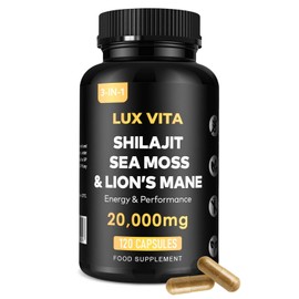 Shilajit with Sea Moss & Lion’s Mane Capsules – 3-in-1 | 4 Month Supply | Herbal Energy, Brain Focus, Daily Mineral & Vitality Supplement – Vegan High Strength Formula | Lux Vita