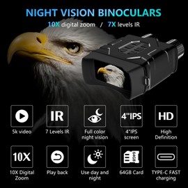 Night Vision Goggles, 5K Night Vision Binoculars with 64GB TF Card, APP Remote Control, 4” HD Screen, 2000FT Viewing Range for Outdoor Camping and Wildlife Observation