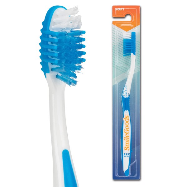 SmileGoods A351 Toothbrush, 35 Tuft, Soft Bristle, With Gum Stimulators & Built-in Tongue Cleaner, 72 Individually Packaged Premium Toothbrushes, Assorted Colors Bulk Pack