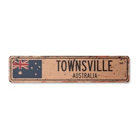 TOWNSVILLE Australia Vintage Plastic Street Sign Australian Flag City Country Road Wall Gift | Indoor/Outdoor | 30" Wide