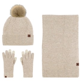 Anopo Scarf Hat Glove Set Women's Touchscreen Gloves Long Warm Scarf Beanie Knitted Hat with Bobble Winter Warm Thick Set, brown