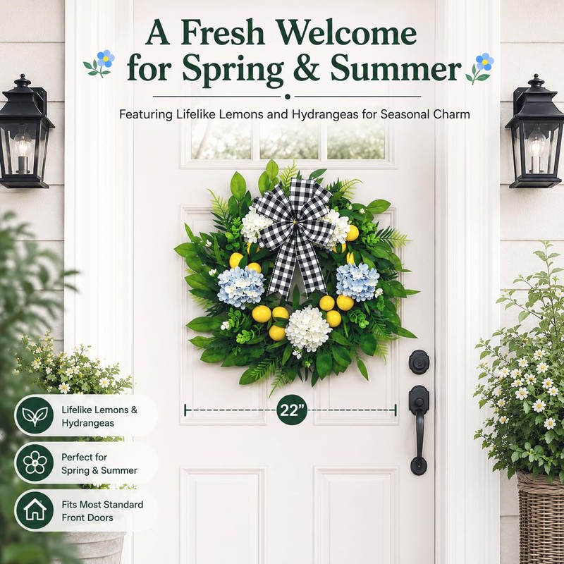 Lemon Wreath for Front Door, 22 Inch Artificial Hydrangea Wreaths