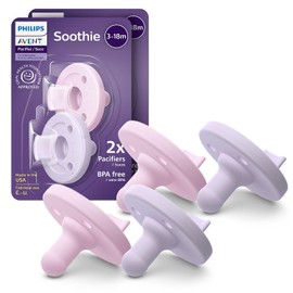 Philips Avent Soothie Chupetes ortodónticos para bebés, chupetes 100% silicona, de una pieza, sin BPA, para bebés de 3 a 18 meses, 2 lilas y 2 rosas, paquete de 4, modelo SCF192/70