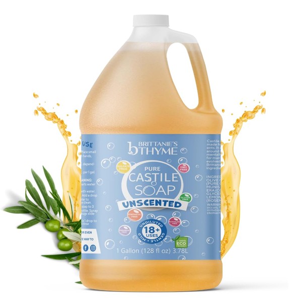 Brittanie's Thyme Pure Organic Olive Oil Castile Liquid Soap Refill, 1 Gallon | Vegan & Gluten Free Non-GMO, For Face, Body Wash, Dishes, Pets & Laundry
