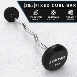 Synergee Fixed 30 LB Easy Curl Bar Pre Weighted Curved Steel Bar with Rubber Weights - Fixed Weight