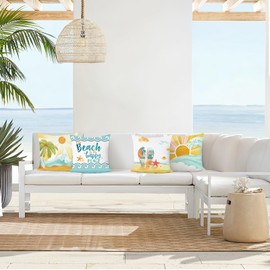 Bonhause Beach Throw Pillow Covers 18 x 18 Inch Ocean Sun Seaside Palm Tree Decorative Pillow Cases for Couch Sofa Bed Home Decor Set of 4