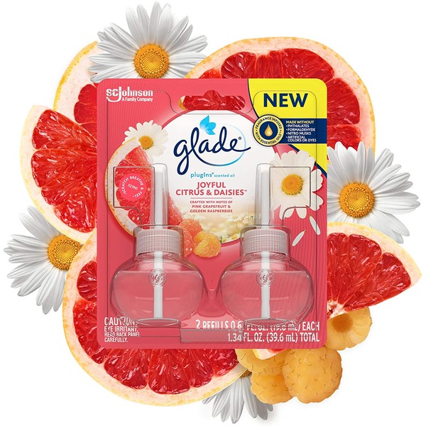Glade PlugIns Refills Air Freshener, Scented and Essential Oils for Home and Bathroom, Joyful Citrus & Daisies, 1.34 Fl Oz, 2 Count