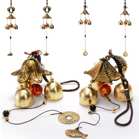 Eorbow 4 Pack Lucky Wind Chimes, Chinese Feng Shui Wind Bell, 3-Bell Vintage Blessing Hanging Wind Chime with Fish Coin for Safe, Good Luck, Wealth Home Garden Patio Hanging Decoration Gift
