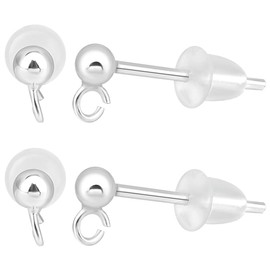 Beebeecraft 1 Box 10Pcs Ball Stud Earring Findings 925 Sterling Silver 2.5mm Round Geometry Ear Pin Post with Loop and Ear Nuts for Jewellery Making Supplies