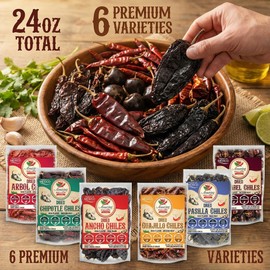 Dried Peppers 6 Pack Bundle - Ancho, Guajillo, Pasilla, Arbol, Chipotle, Cascabel (24oz Total). By Amazing Chiles & Spices