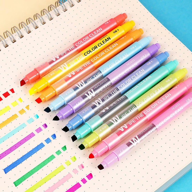 CRAFTHROU 10piezas Marcatextos Borrables de Doble Punta Resaltadores Líquidos Pastel
