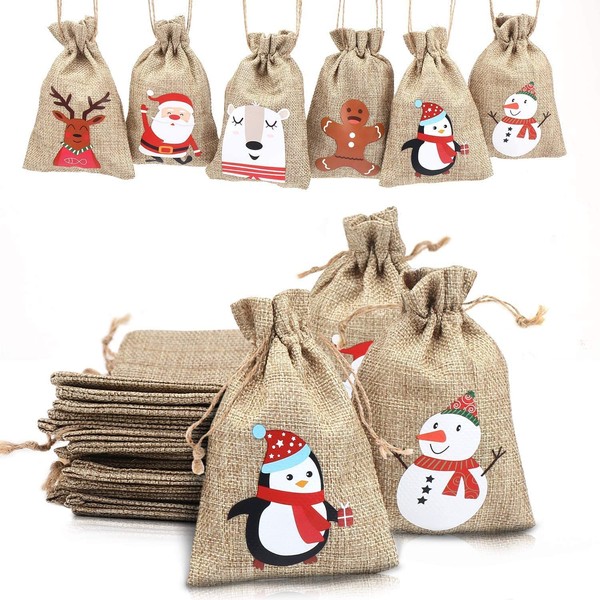 LOKIPA Christmas Jute Burlap Bags, Xmas Jute Linen Burlap Drawstring Gift Treat Candy Bag for Xmas Favors (36)